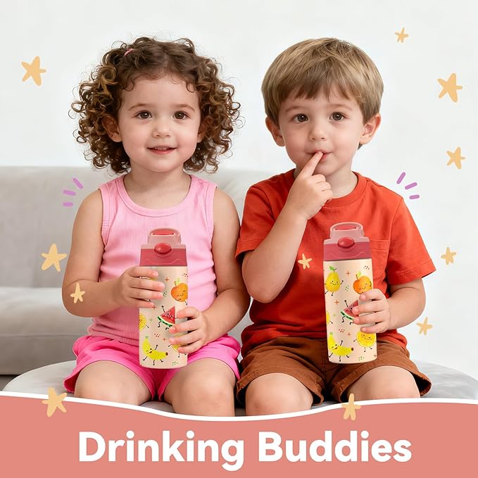 12 oz Fruits Kids Water Bottle, Happy Fruit Water Bottle for School, Kids Insulated Bottles with Straw & Handle, Leak-Proof, BPA-free, Straw Lid, Stainless Steel for Travel Gift Cup for Teens