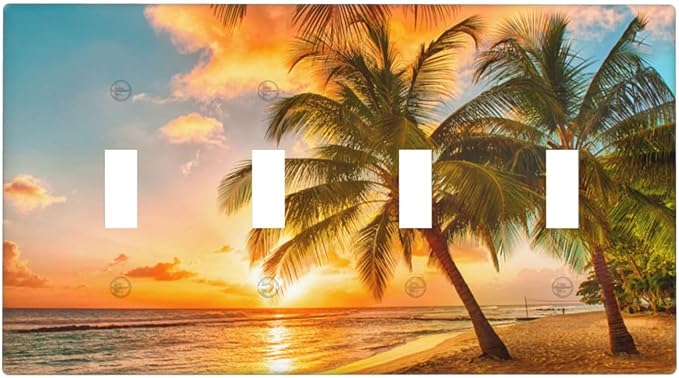 Light Switch Cover Sunset Beach Palm Tree Seascape 4 Gang Switch Plate Quad Toggle Wall Plates Tropical scenery Decorative Switchplate Electrical Outlet Cover Plates for Bathroom Home Decor