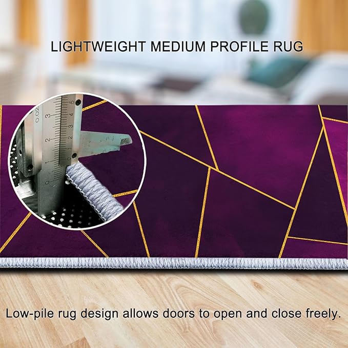 Geometric Gold Line Triangles Washable Soft Living Room Area Rug 3 x 5 ft, Dark Purple Non-Slip Low-Pile Carpet for Bedroom Dining Room Entryway Office Dorm Kitchen Rug