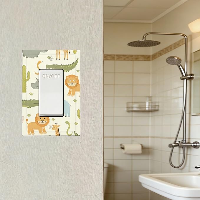 African Safari Animals Single Rocker Switch Cover - 1-Gang Standard US Size Cute Hippo Crocodile Lion Elephant And Giraffe Funny Wildlife Light Switch Covers for Boys & Girls Room Decor