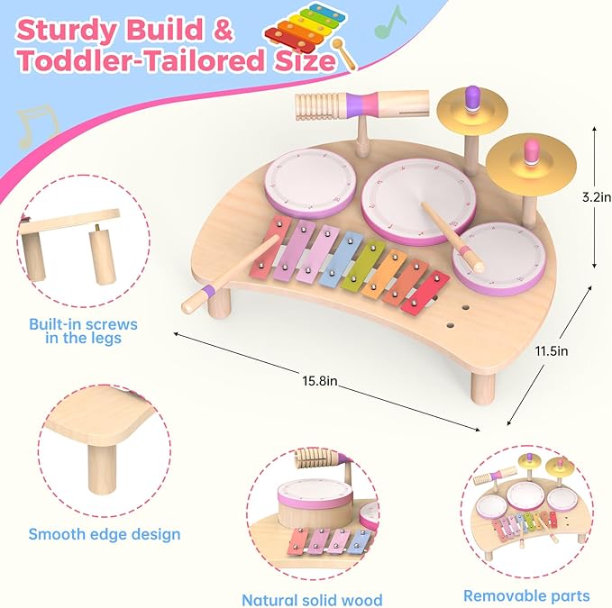 Toddlers Drum Set Toys for 1 2 3 Year Old Girls,Montessori Music Toy for Toddlers 1-3,Baby Drum with Xylophone,Musical Instruments Toy, Kids Birthday Gifts for Baby 18+ Months (Pink)