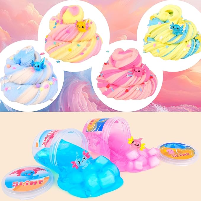 6 Pack Axolotl Slime Kit, Cloud, Butter & Clear, Christmas Slime Party Favors for Kids with Axolotl Charms, Soft and Stretchy, Slime for Girls & Boys, Classroom Rewards, Birthday Gifts