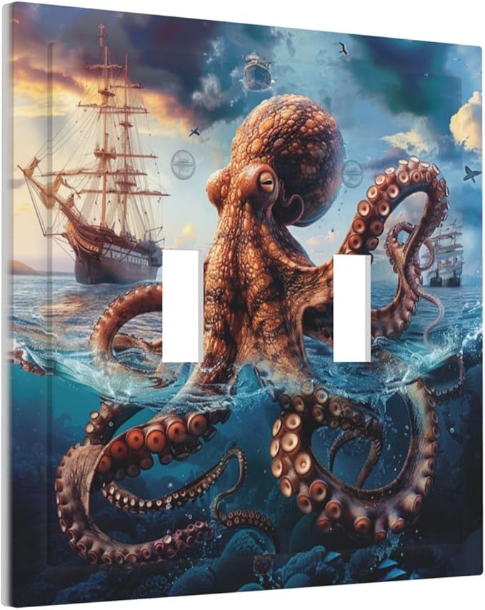 Light Switch Cover Plate Deep Ocean Octopus Sailboat Sea Monster 2 Gang Double Toggle Decorative Switch Plates Plug Cover Wall Plates Electrical Faceplate for Bathroom Bedroom Decor