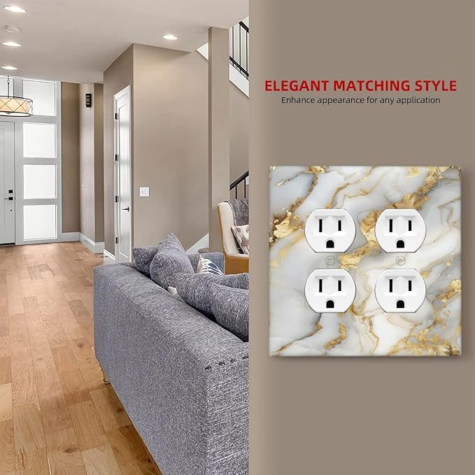 Luxurious White Gold Marble Patterns Abstract Outlet Covers 2 Gang Double Duplex Decorative Light Switch Covers Electrical Wallplates Socket Faceplate for Bathroom Kitchen Decor