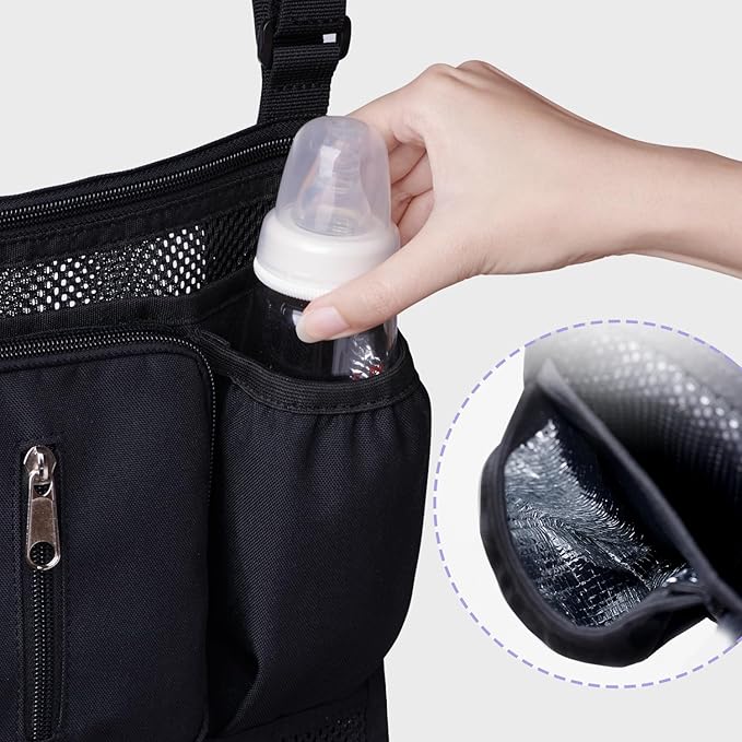 SUNVENO 2-pack Universal Stroller Organizer Caddy with Cup Holders, Wipes Pouch and Extra Storage, Zippered Mesh Side Sling for Pushchair, Black