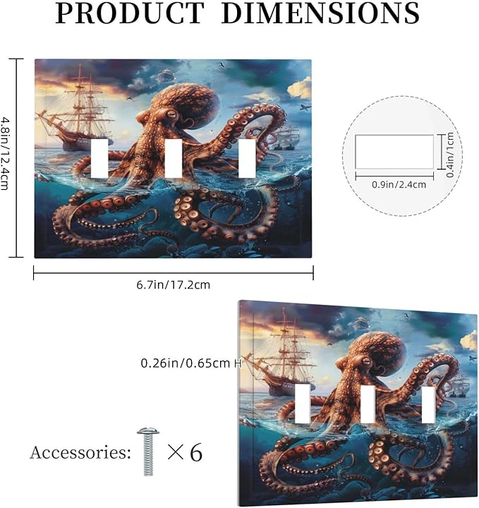 Light Switch Cover Plate Deep Ocean Octopus Sailboat Sea Monster 3 Gang Triple Toggle Decorative Switch Plates Wall Plates Electrical Switchplate Faceplate for Bathroom Bedroom Decor