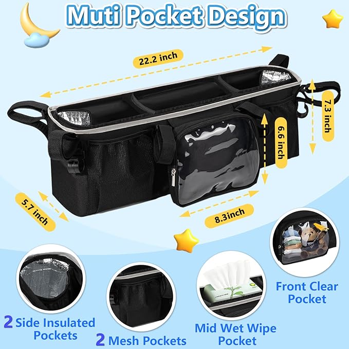 Double Stroller Organizer for Bob Duallie Jogger City Mini GT2 and Jeep, Double Baby Stroller Caddy Accessories with 2 Cooler Pockets, Heavy Duty Parent Double Jogging Stroller Organizer (Empty Bag)