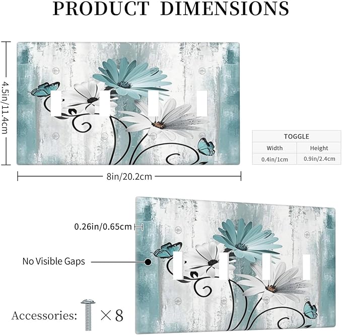 Light Switch Cover Plate Teal Daisy Floral Butterfly Vintage Wood 4 Gang Quad Toggle Decorative Switch Plates Wall Panels Electrical Wall Plates Faceplate for Bathroom Bedroom Decor