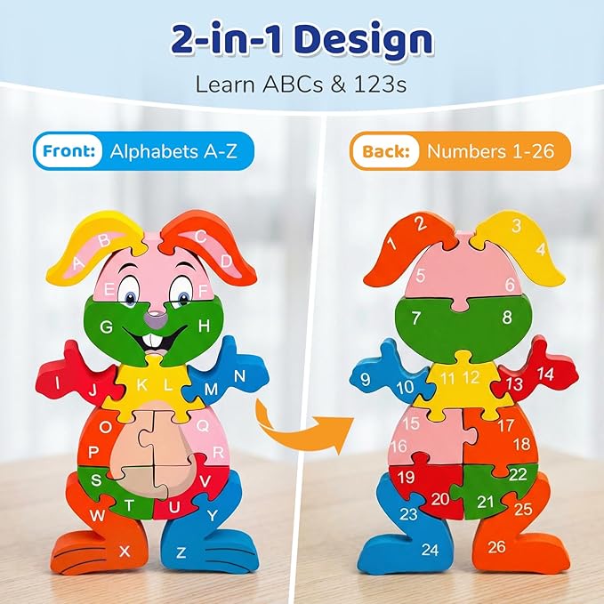 LovesTown Wooden Puzzles for Kids, Double Sided Rabbit Jigsaw with Alphabet & Numbers, Montessori Educational Toy for Toddlers, Chunky Animal Gift (Pack of 2)
