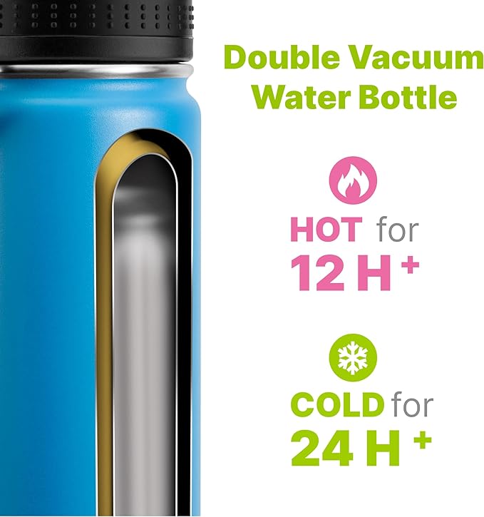 22 oz Water Bottle Stainless Steel Vacuum Insulated Wide Mouth Sports Flask, 2 Pack Water Bottle with Leakproof Spout Lid (Canyon Red-Sky Blue)