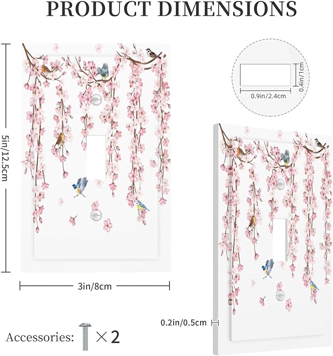 Pink Cherry Blossom Flower Vine Floral Tree Branch Birds Decorative Light Switch Cover 1 Gang Single Toggle Device Electrical Faceplate Switchplates Decorator Outlet Wall Plate for Bedroom Living Room