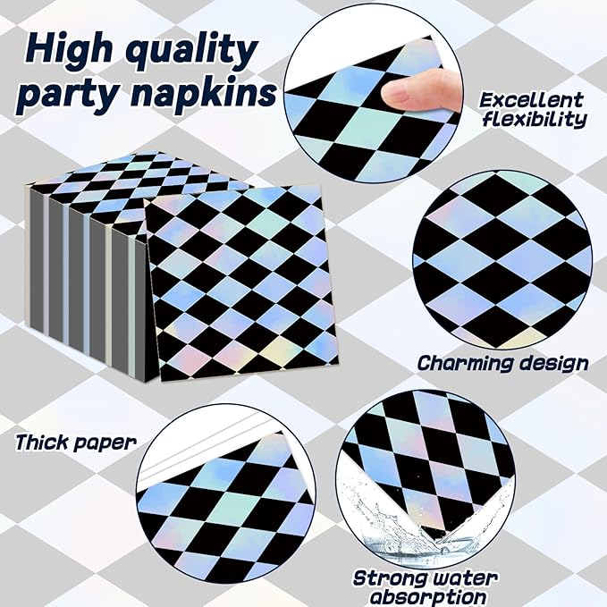 96Pcs Black and Iridescent Checkered Diamond Plates and Napkins for Iridescent Party Supplies Black Gingham Themed Paper Dessert Plates Race Car Tableware Set for 24 Guests Birthday Party Decorations