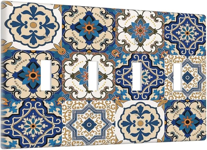 Light Switch Covers Mandala Decorative Tile Talavera Moroccan Tiles Quad Toggle 4 Gang Wall Plate Electrical Faceplate Decorative Switch Plates for Bedroom living Room Decor
