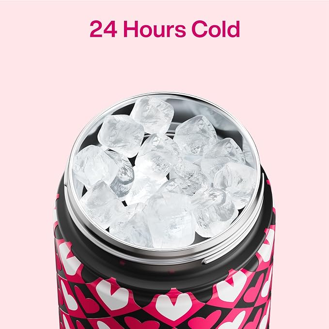 ENCOOL Valentine's Day Insulated Water Bottle with Straw Stainless Steel Water Bottle, Leak-Proof, BPA-Free, Keeps Cold for 24 Hours for Sports, Travel, School (26 oz, Bold Hearts Mono x Red)