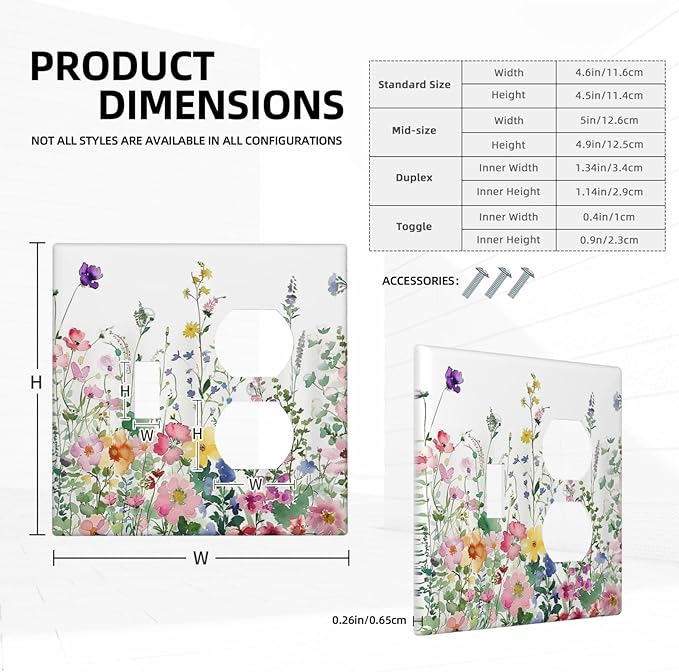 Wallplates Boho Colorful Flowers Plant Rustic Wildflower 1 Toggle 1 Duplex Switch Plate Electrical GFCI Faceplate Decorative Light Switch Covers for Bed Room Bathroom Decor