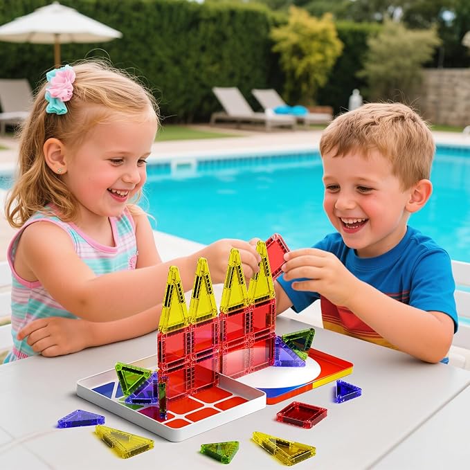 WMXDU Mini Magnetic Tiles with Iron Case, Magnetic Building Toys Kid's Travel Essential Portable Creativity On-The-Go Magnet Blocks STEM Travel Toys for Toddler Boys Girls Ages 3+, 26-Piece