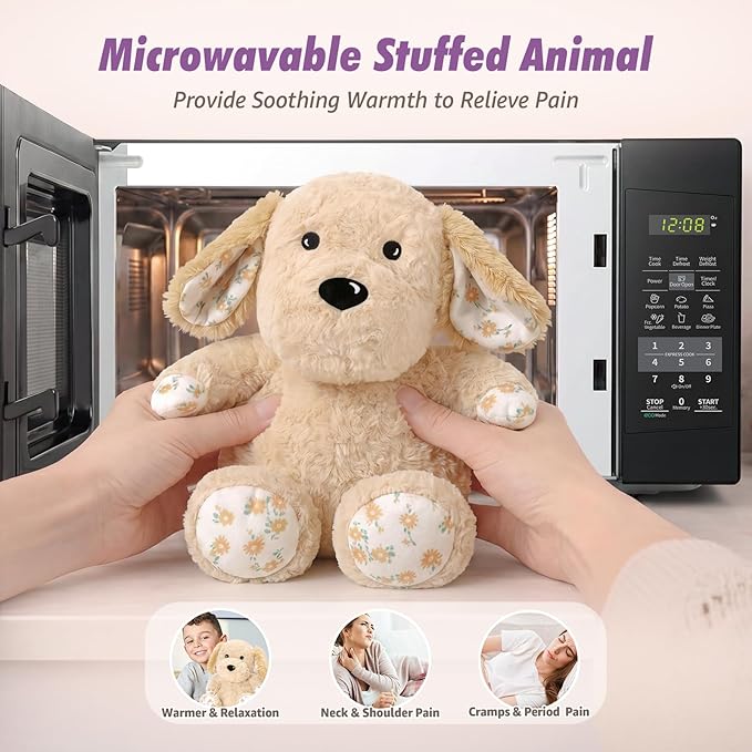Ditucu Original Golden Retriever Microwavable Weighted Stuffed Animal Heated Dog Plush for Warmth Comfort Period Cramps Pain Plushies Toys Gifts for Kids Adults Light Brown 9 inch