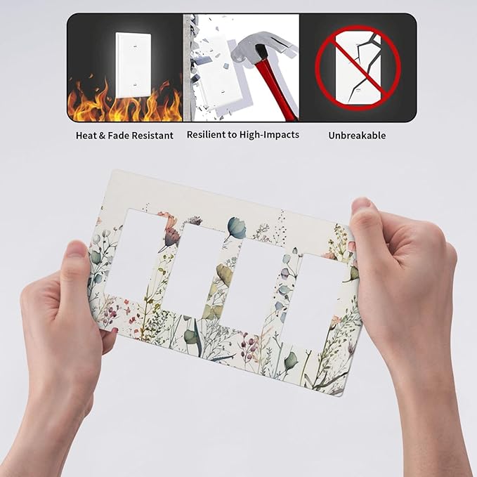 Beige Wild Flower Floral Blossom 4 Gang Quad Rocker Light Switch Cover Decorative Quadruple Device GFCI/Decorator Wall Plate Electric Faceplate Screwless
