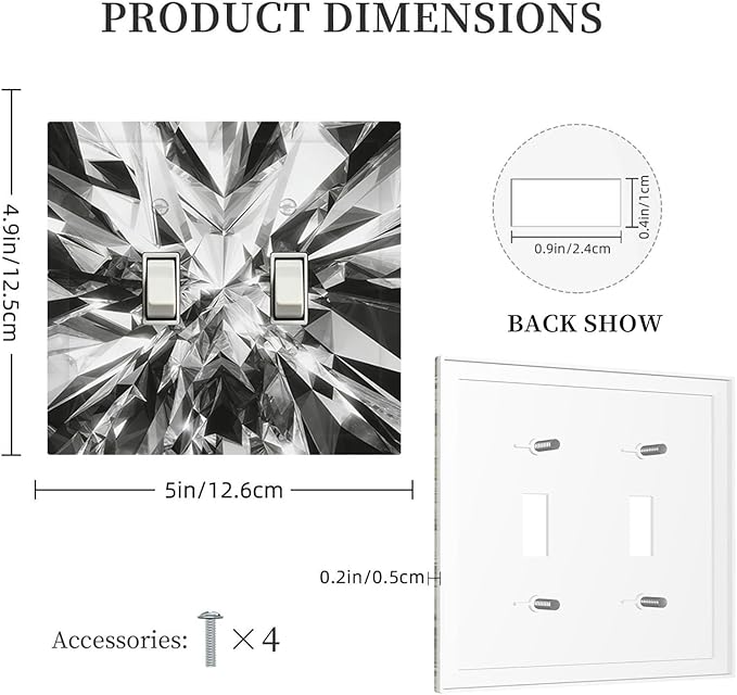 Sparkling Diamond Cut Double Toggle Switch Cover - 2-Gang Standard US Size Crystal Glam Light Switch Covers for Living Room Bedroom Bathroom Decor