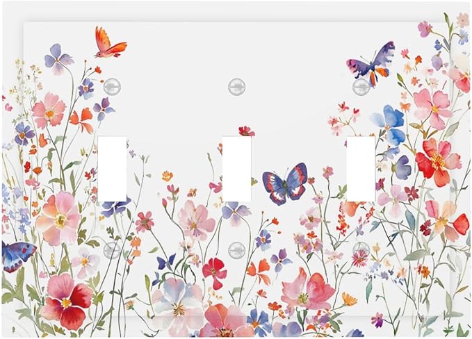 Colorful Flower Watercolor Floral Butterfly Bird Decorative Switch Plates 3 Gang Wall Plate Triple Toggle Light Switch Cover Faceplate Electrical Wall Panels for Bedroom Living Room Decor