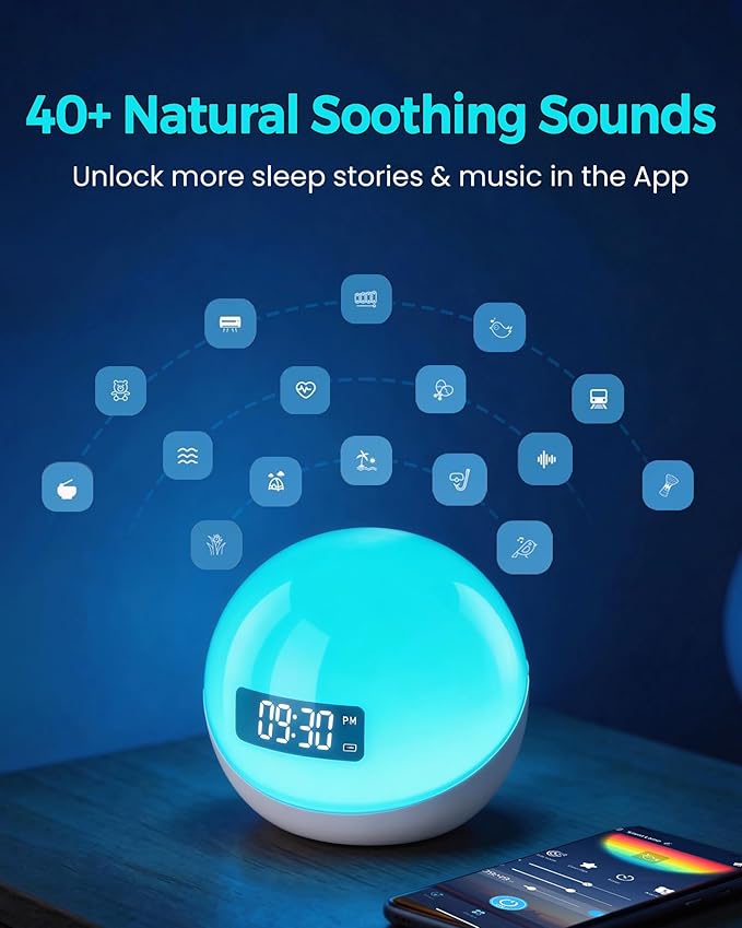 White Noise Machine with Sunrise Alarm Clock, 44 Non-Looping Soothing Sound Machine for Sleep, 10-Color Night Light with App & Timer, Noise Machines Gifts for Kids Baby Adults Home Office Travel