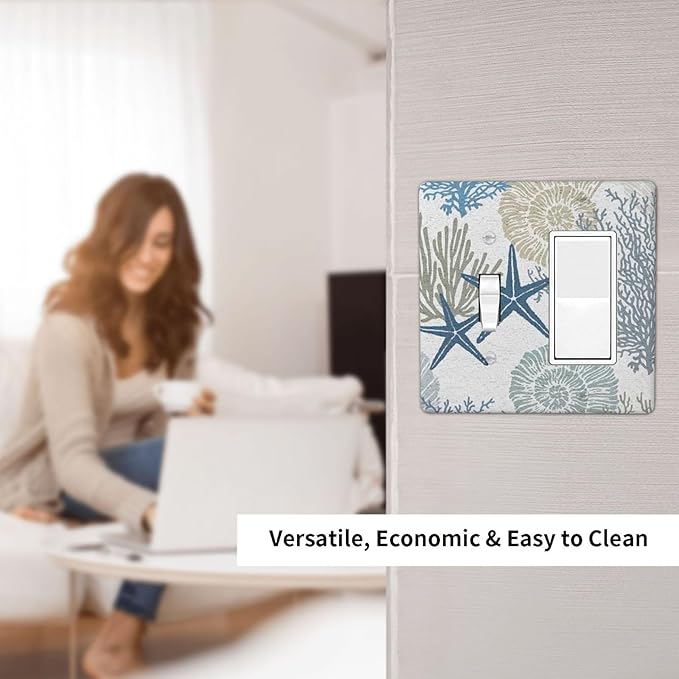 Blue Nautical Beach Coral Starfish 2 Gang Single Toggle/Rocker Combination Light Switch Cover Decorative Combo Wall Plate Cover Electrical Faceplate Room Decor