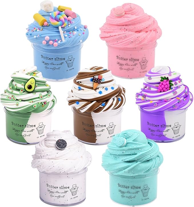 7 Pack Cake Butter Slime Kits, Soft and Non-Sticky, Birthday Gifts for Kids, for Girls and Boys Party Favor Gifts, Stress Relief Toys
