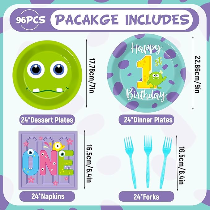 96Pcs Monster 1st Birthday Party Plates and Napkins Happy Monster 1st Theme Decor Monster Baby Shower Disposable Dessert Cake Plates One Year Old Tableware Set for First Birthday 24 Guests