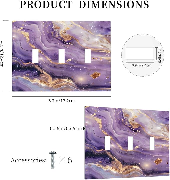 Abstract Purple Gold Marble Texure Luxurious Decorative Switch Plates 3 Gang Wall Plate Triple Toggle Light Switch Cover Faceplate Electrical Wall Panels for Bathroom Living Room Decor