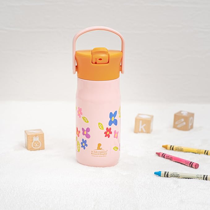 Zak Designs Harmony Kid Water Bottle Benefiting St. Jude, For Travel or At Home, 14oz Stainless Steel is Leak-Proof When Closed and Vacuum Insulated (Floral)