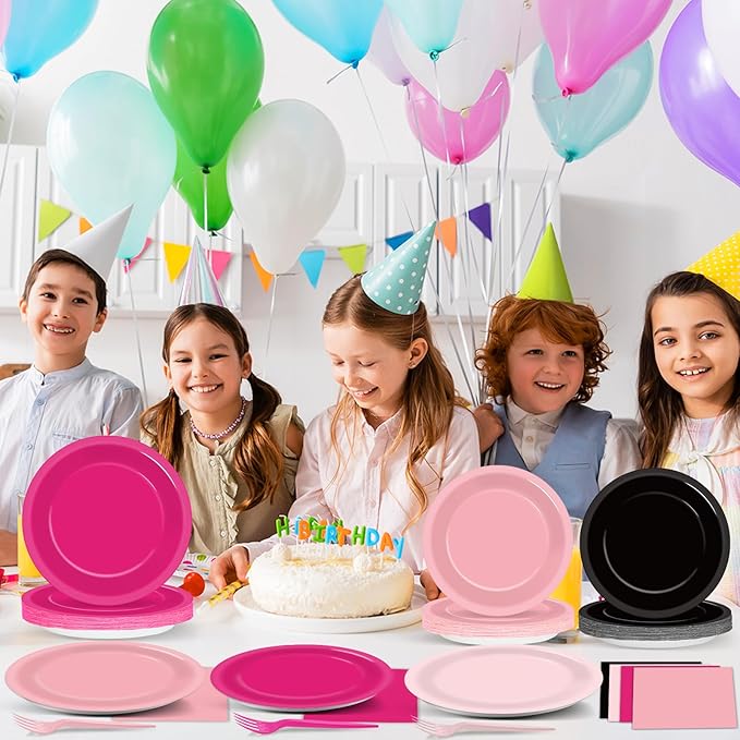 96Pcs Hot Pink and Black Party Supplies Black and Pink Paper Plates and Napkins Birthday Decorations Disposable Tableware Set for Women Girls Bachelorette Birthday Wedding Party Decorations Serves 24