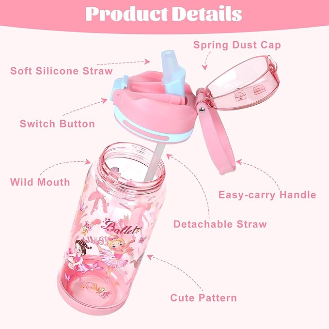 decalsweet Kids Water Bottle 20oz Durable Leak-Proof Plastic Water Cup for Kids Toddlers,With Straw Handle and Pop-Up Spout Cover,Safe for School Sports Daycare Travel & Camp