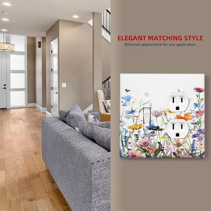 Watercolor Wildflowers Colorful Floral Plant Wallplates 1 Toggle 1 Duplex Switch Plate Electrical GFCI Faceplate Decorative Light Switch Covers for Bedroom Living Room Decor