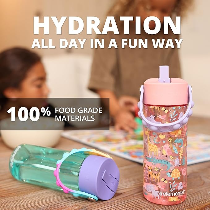 Elemental Water Bottles for Kids - Splash Kids Water Bottle for School with Pop-it Handle - BPA Free Tritan Plastic Water Bottle with Straw Leak Proof when Spout is Closed - Blue Tie Dye- 18oz
