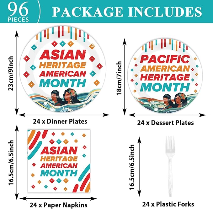 96Pcs AAPI Party Plates and Napkins for AAPI Heritage Month Supplies Asian American and Pacific Islander Themed Paper Dessert Plates Tableware Set for 24 Guests Celebration Festival Party Decorations