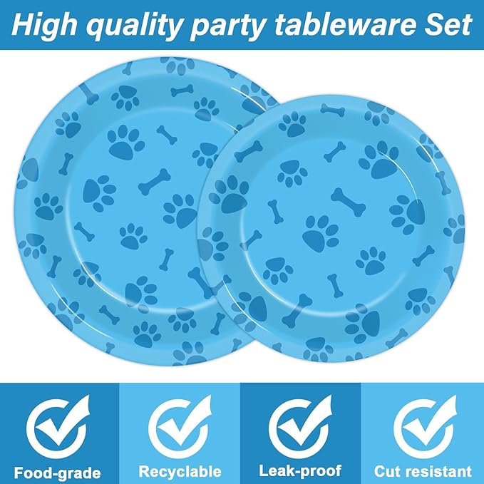 96pcs Dog Paw Prints Party Plates Napkins Dog Paw and Bone Sign Tableware Puppy Pawty Print Dinnerware Disposable Paper Plates for Kids Boy Girl Lets Pawty Birthday Baby Shower Party supplie 24 Guests
