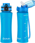 OLDLEY Kids Water Bottle for School with Straw Chug Lid, 15 oz Unbreakable Leak-Proof BPA-Free Motivational Water Bottles with Time Marker for Travel Sports Gym, 2 Lids, Blue
