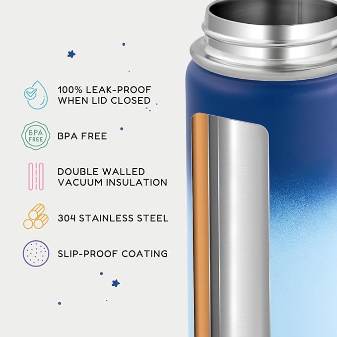 Fijinhom 12oz Water Bottle for School, Water Bottles with Straws, Insulated Water Bottles, Stainless Steel Vacuum Insulated Bottle, Leak-Proof, BPA-Free, Ocean