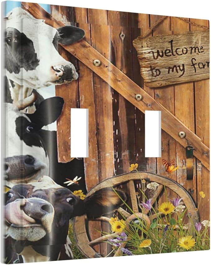Decorative Switch Plate Covers Farm Cow Farmhouse Barn Door Rustic Vintage Wooden 2 Gang Double Rocker Decora Light Switch Cover Country Wildlife Funny Dual Outlet Wall Plate Electrical Faceplate GFCI