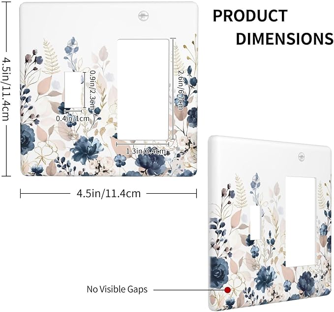 Blue Flora Boho Vintage Flower Golden Leaves Outlet Covers 1 Toggle 1 Rocker Combination Decorative Wall Plate Electrical Switch Plates Light Switch Cover Plate for Bedroom Living Room Decor