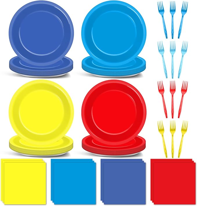 96Pcs Dog Birthday Party Supplies Red Yellow Blue Paper Plates and Napkins Birthday Decorations Puppy Paw Disposable Tableware Set for Kids Colorful Puppy Dog Baby Shower Party Decorations Serves 24
