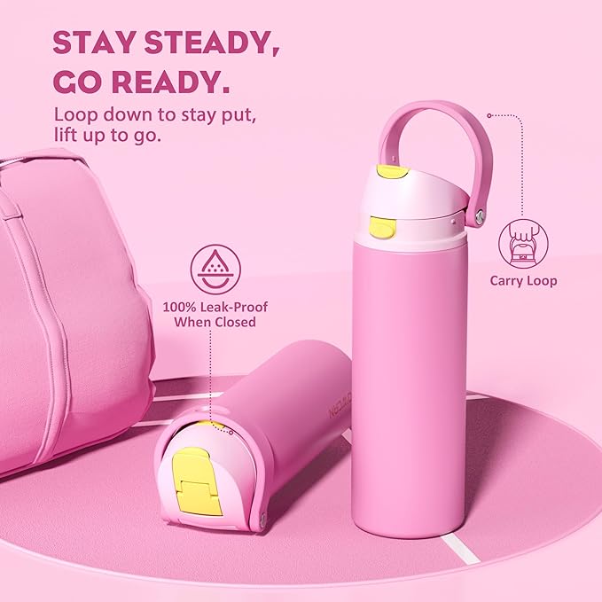 POWCAN 24 oz Steel Water Bottle: 2-in-1 Push-Button Spout & Quick-Flip Straw, Leakproof, Cold 24Hrs, Fits Car Cup Holder, Insulated Cup for Sports, Travel, School, Gift for Women, Girls (Rose Slumber)