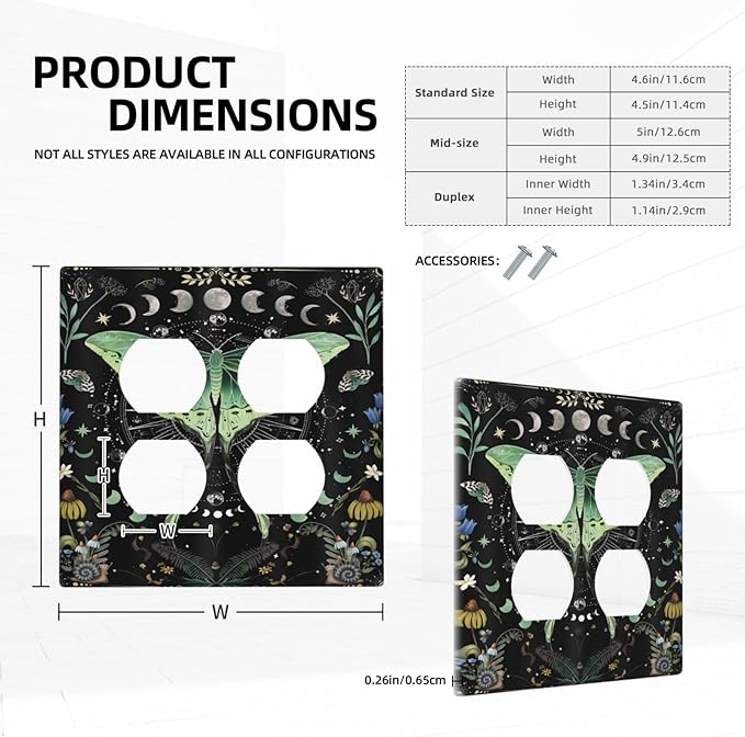 Moon Phase Butterfly Wildflower Plant Mysterious Night Moonlit Outlet Covers 2 Gang Double Duplex Decorative Light Switch Covers Electrical Wallplates Socket Faceplate for Bedroom Living Room Decor