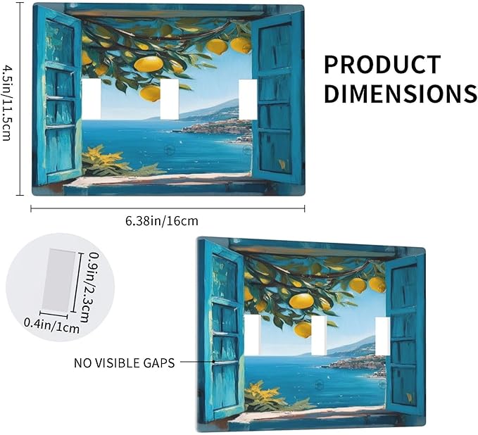 Decorative Art Light Switch Covers Seaside Window with Lemons 3 Gang Triple Toggle Wall Plate Decorative Switch plate Electrical Faceplate for Home Decor