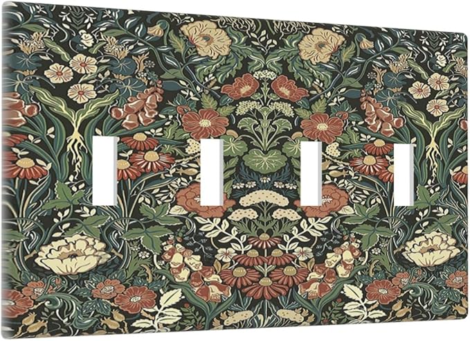 Light Switch Covers Vintage Dark Floral William Morris Green Flower Quad Toggle Electrical Faceplate 4 Gang Wall Plate Decorative Switch Plates for living Room Home Decor