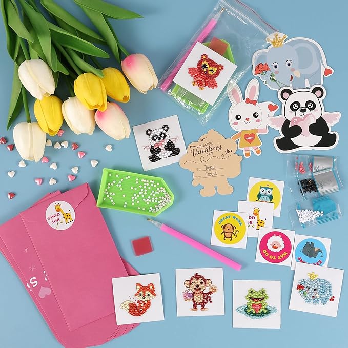 Valentine's Day Cards for Kids - 28pcs Diamond Animal Craft Kits With 7 Different Gem Stickers for School Classroom Exchange Gifts and Decorations