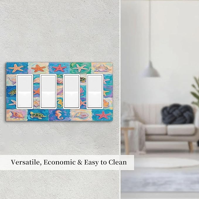 Sea Turtle Starfish Ocean Quad Rocker Wall Plate Decorative 4 Gang Light Switch Covers Electrical Switchplate Home Decorate Faceplat for Bathroom Bedroom Kitchen Room 4.5 x 8 Inch