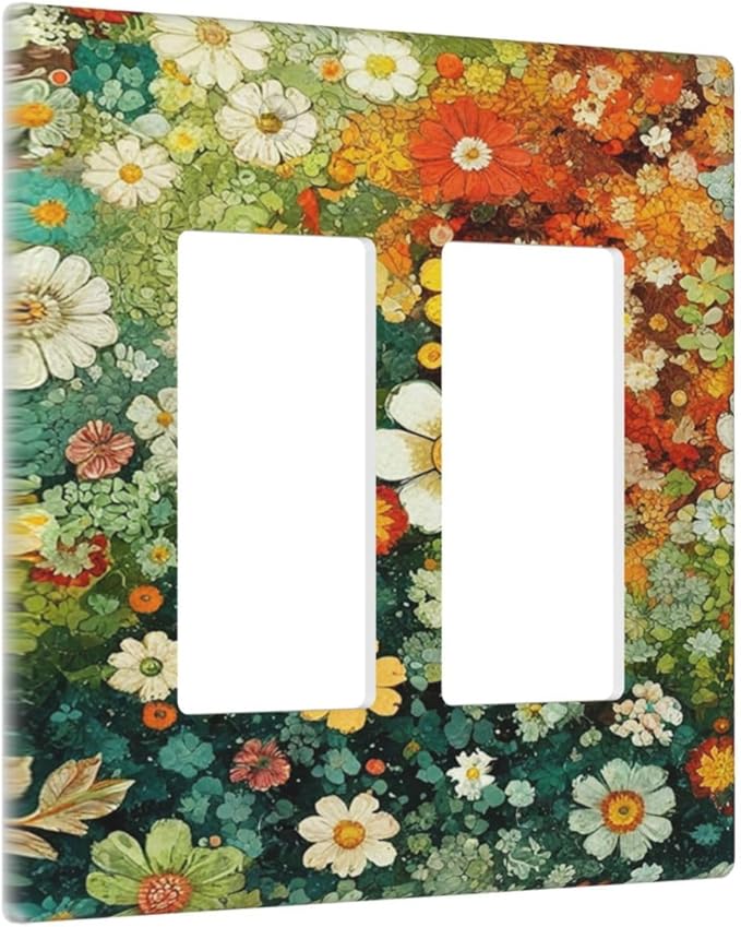 Light Switch Cover Plate Colorful Flowers Green Plants Meadow Floral 2 Gang Double Rocker Outlet Covers Decorative Switch plates Electrical Wall Plates GFCI Receptacle for Bathroom Bedroom