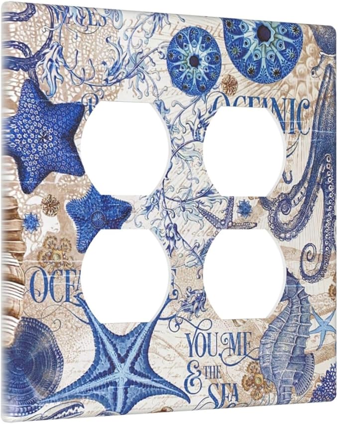 Outlet Covers Vintage Sea Blue Seahorse Starfish Octopus 2 Gang Double Duplex Decorative Light Switch Covers Electrical Wallplates Socket Faceplate For Kids Room Home Decor