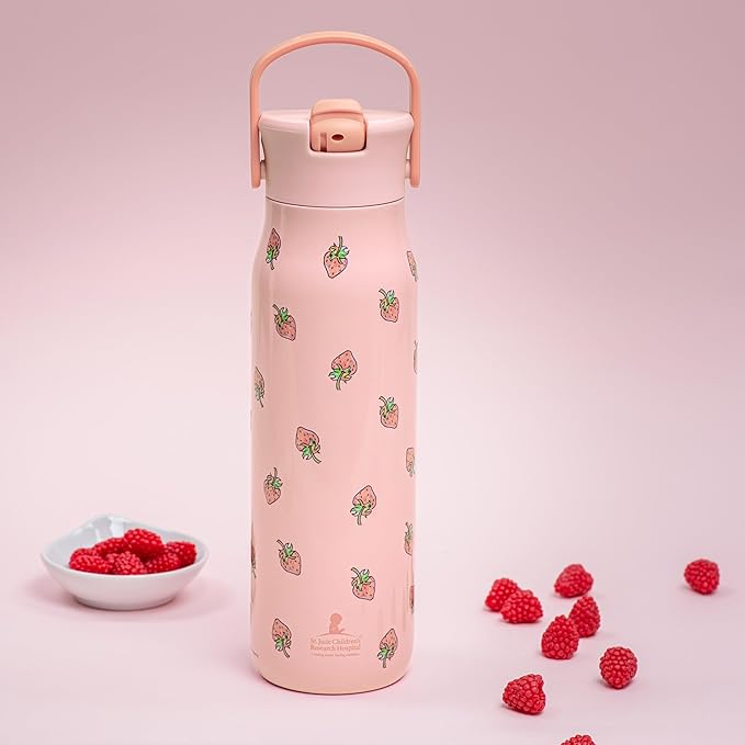 Zak Designs Harmony Water Bottle Benefiting St. Jude, For Travel or At Home, 32oz Stainless Steel is Leak-Proof When Closed and Vacuum Insulated with Straw Lid and Carry Handle (Strawberry)